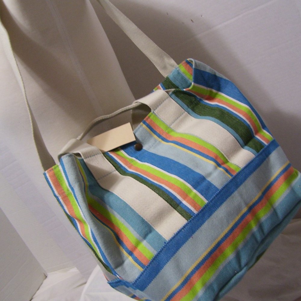 Coldwater Creek Blue Multi Stripped Vegan Canvas Tote Handbag NWOT